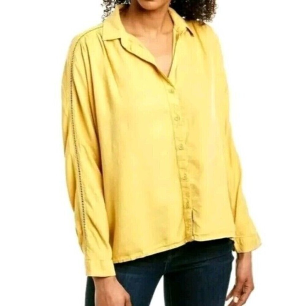 Cloth and stone long sleeve button down eyelet sleeve shirt XS Yellow‎ Hi Lo N98